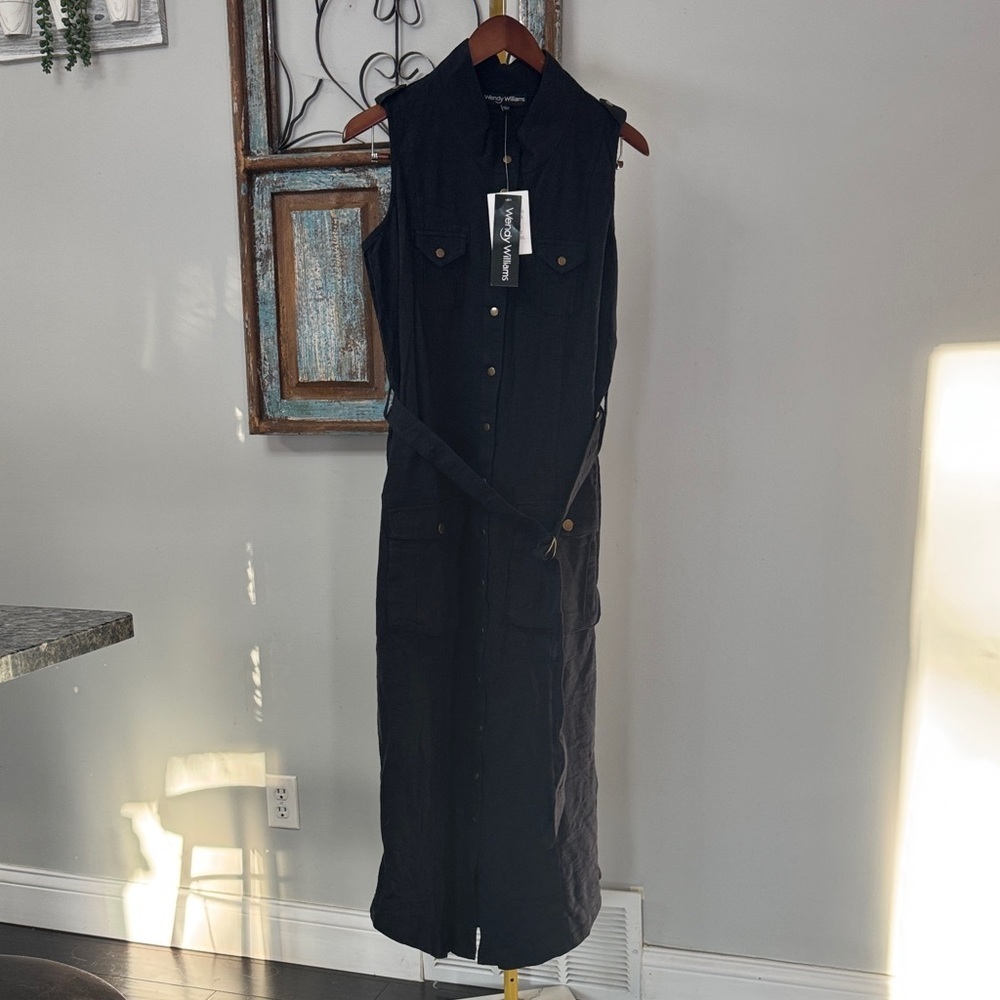 Wendy Williams Black belted Rayon Rayon Sleeveless Dress NWT L